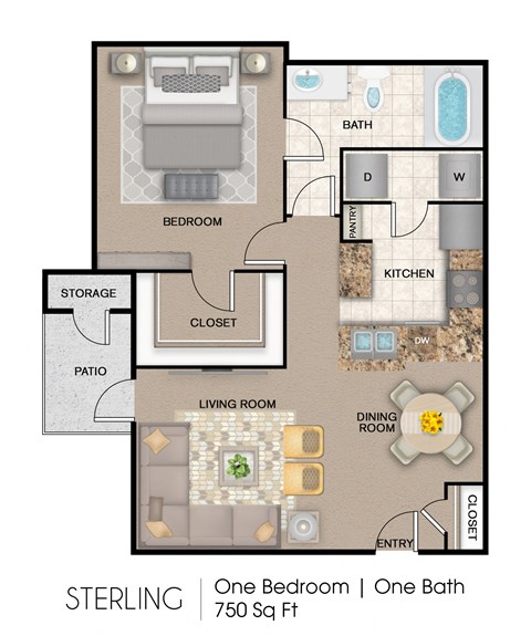 Floor plan for 1 bed, 1 bath, 750 sqft